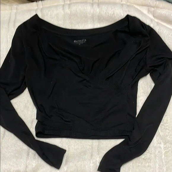 Athleta Crop V-Neck Faux Wrap Black Long Sleeve Women's Top Size Medium - Picture 2 of 7